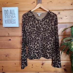 Jillian Jones 💜‎ Leopard Print Knit Top Stretch VNeck Shirt Silk Blend Top Sz L